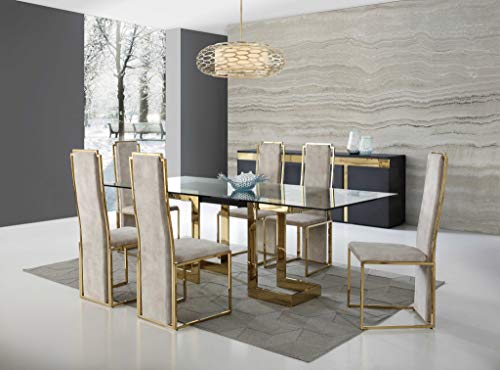 HomeRoots Clear and Gold 12mm Glass Steel; Stainless Steel 87" X 39" X 30" Polished Gold Glass Stainless Steel Dining Table