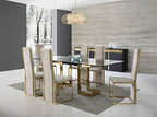 HomeRoots Clear and Gold 12mm Glass Steel; Stainless Steel 87" X 39" X 30" Polished Gold Glass Stainless Steel Dining Table