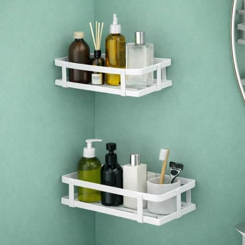 DXDT Wall Mounted Bathroom Shelf, White, Set of 2, No Drilling Storage Rack for Shampoo and Toiletries