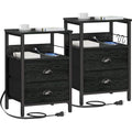 Furologee Nightstand Set Of 2, Black Oak, With Charging Station And Usb Ports, Side Tables With 2 Fabric Drawers, Bedside Tables With Storage Shelf & Hooks, For Living Room/Bedroom