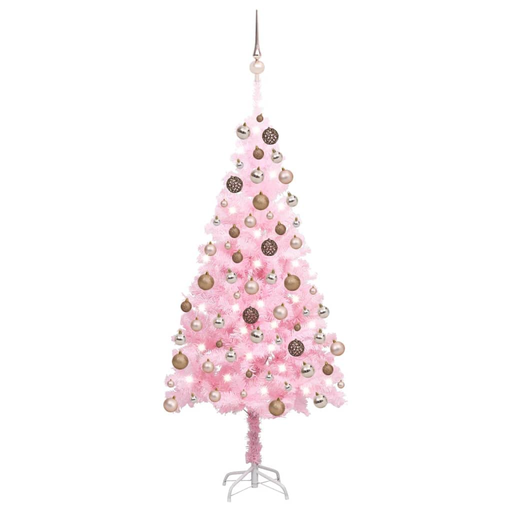 Vidaxl Pink Artificial Pre-Lit Christmas Tree - 150 Led Lights - Includes Rose Gold Ball Set And Steel Stand - 59.1&quot; Tall