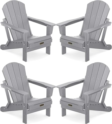 Serwall Folding Adirondack Chair Painted Adirondack Chair Set Of 4 Weather Resistant For Patio Deck Garden, Backyard Deck, Fire Pit & Lawn Furniture - Light Gray