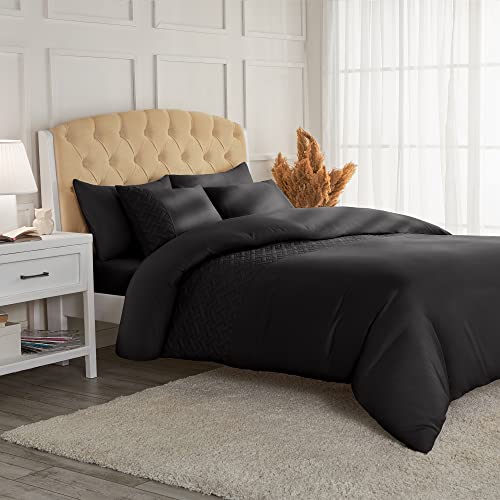 Mellanni Pinsonic Stripe Black Duvet Cover Queen Size - Wrinkle, Fade, Stain Resistant - Black Queen Comforter Cover Set - Comfo