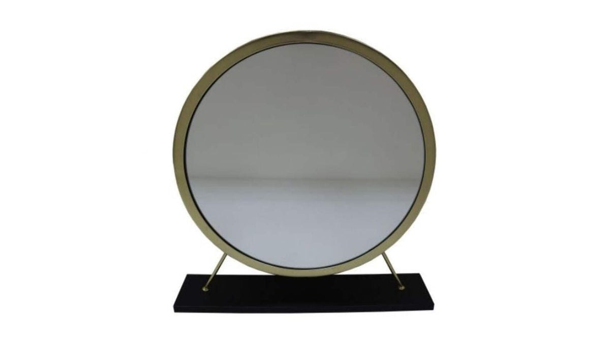 HomeRoots 485937 19 in. Faux Fur Round Makeup Shaving Tabletop Mirror Black & Brass