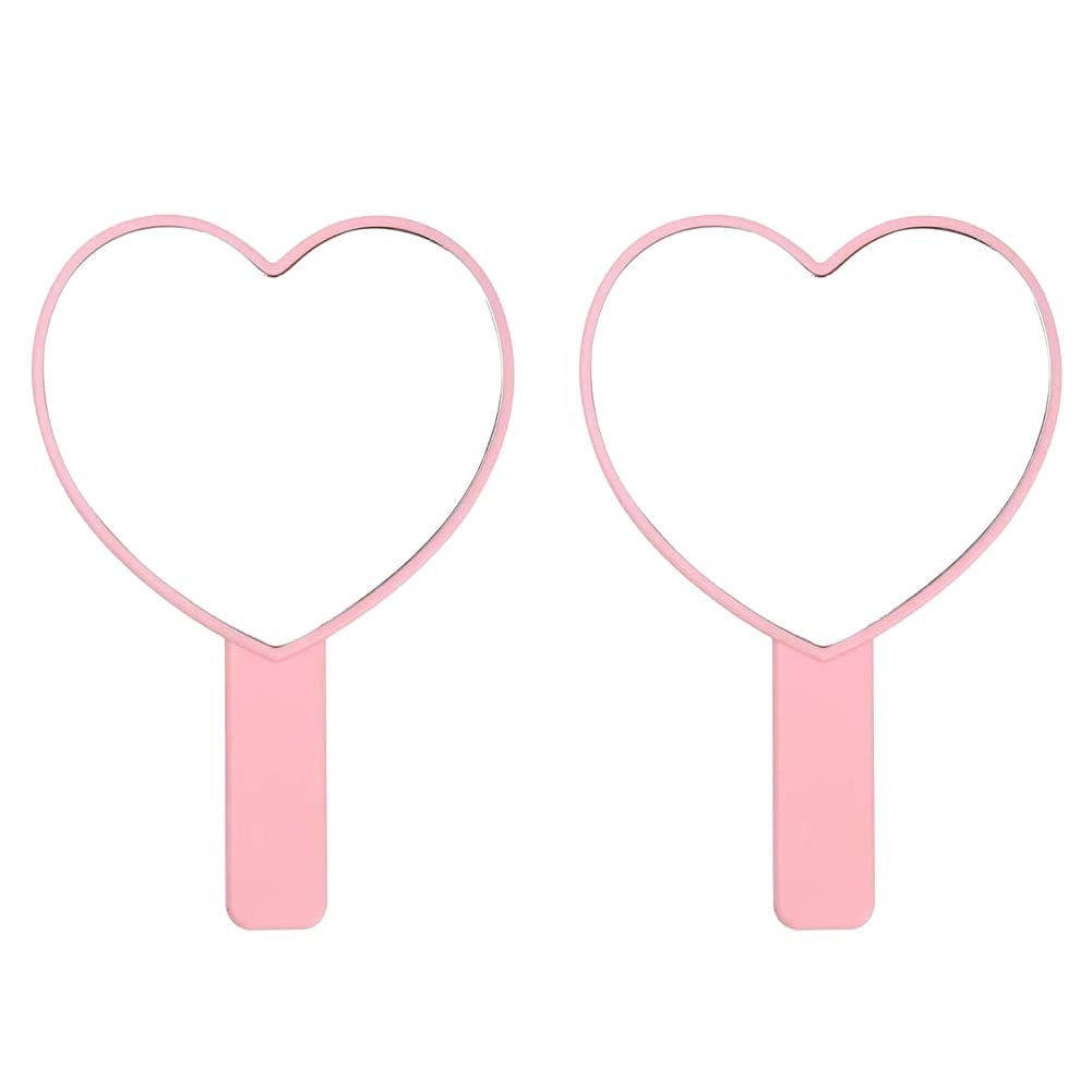TBWHL Heart-Shaped Travel Handheld Mirror, Cosmetic Hand Mirror with Handle (Pink, 2 Pack)