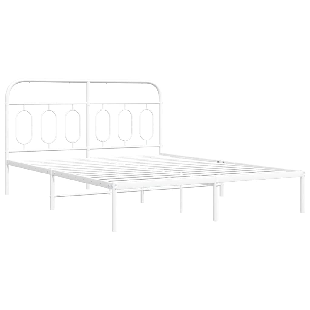 vidaXL Double Bed Frame with Headboard - Robust Metal Construction, Ample Storage, Modern Design - White, 59.1&quot;x78.7&quot;