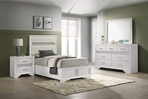 Coaster Home Furnishings Miranda Contemporary 4-Piece Bedroom Set Fabric Upholstered Twin Size Panel Bed Frame 54-inch Headboard White 205110T-S4