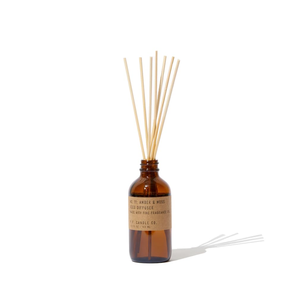 P.F. Candle Co. Amber & Moss Classic Scented Rattan Reed Diffuser (3.5 fl oz) Amber Glass Jar, Fine Fragrance Oil, Low Maintenan