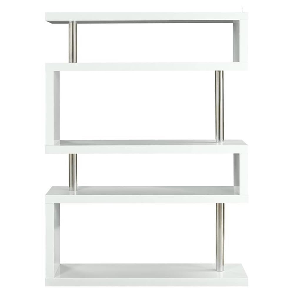 Acme Buck II Wooden Bookcase with Steel Support Pillar in White High Gloss