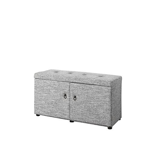 HomeRoots Wood, Polyurethane Foam: 97%, Polyester Fabric: 3% Light Gray Linen Look Double Door Shoe Storage Bench