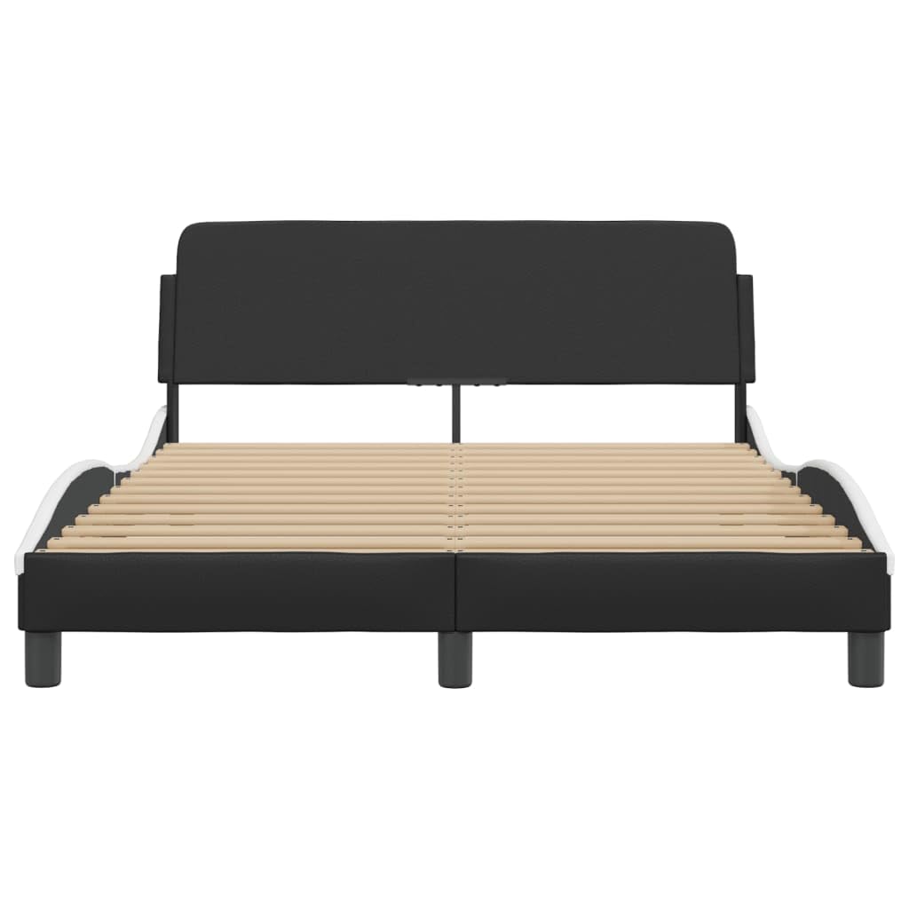vidaXL Bed Frame with Headboard - Black/White Faux Leather, Full Size (53.9"x74.8") - Sturdy Legs, Plywood Slats, Waved Side Design