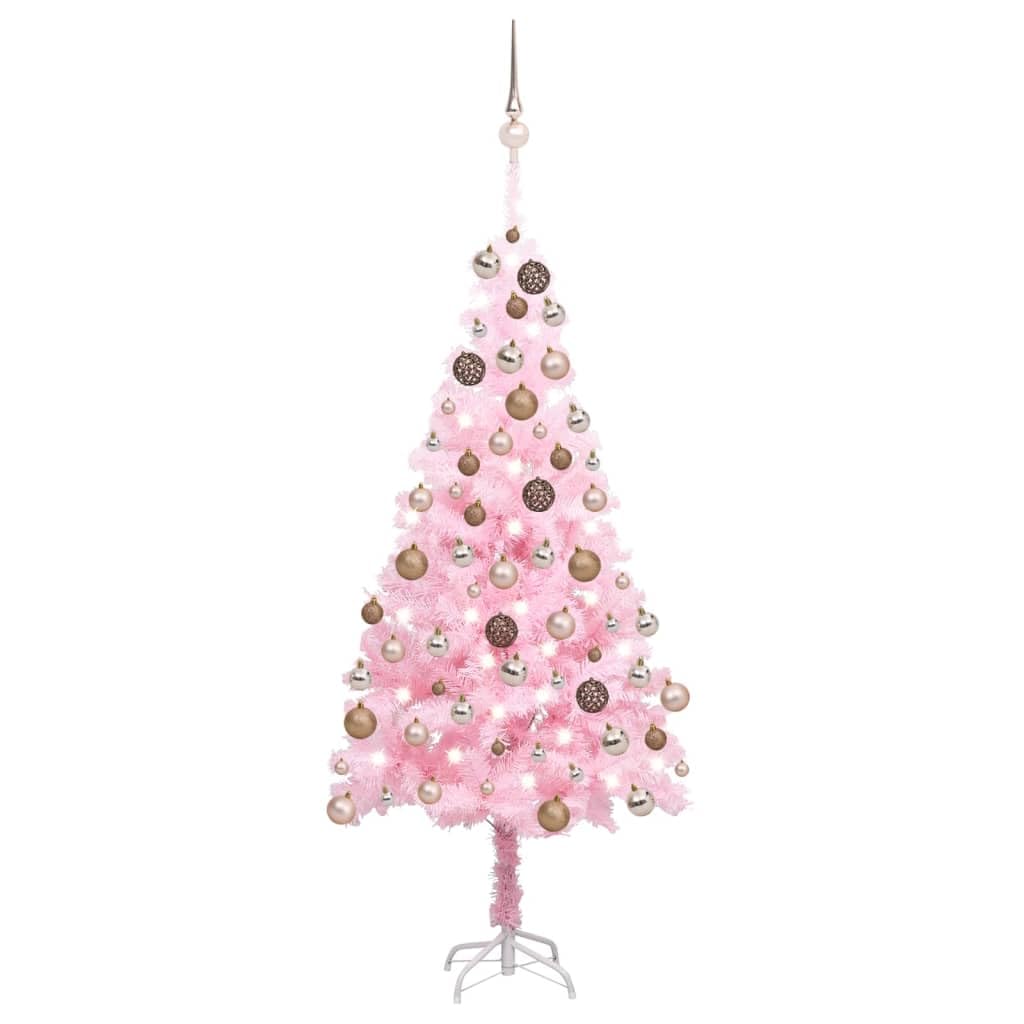 Vidaxl Artificial Christmas Tree With Energy-Efficient Led Lights And Ball Set, 70.9&quot; Tall, Pvc Material, Reusable, Includes Stand, Pink & Rose Gold