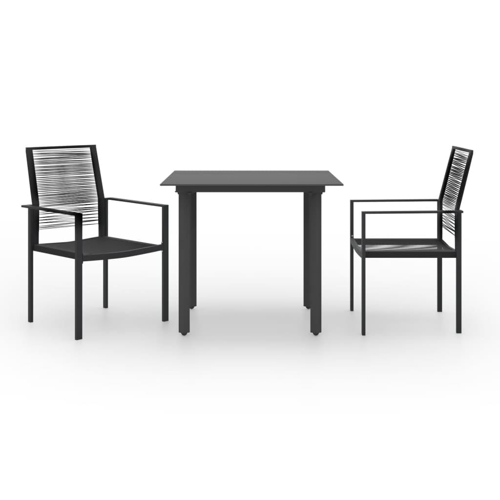 vidaXL Modern Patio Dining Set - 3 Piece Outdoor Furniture with Steel Frame, Glass Top Table and PVC Hollow Rattan Chairs with Backrest, Black