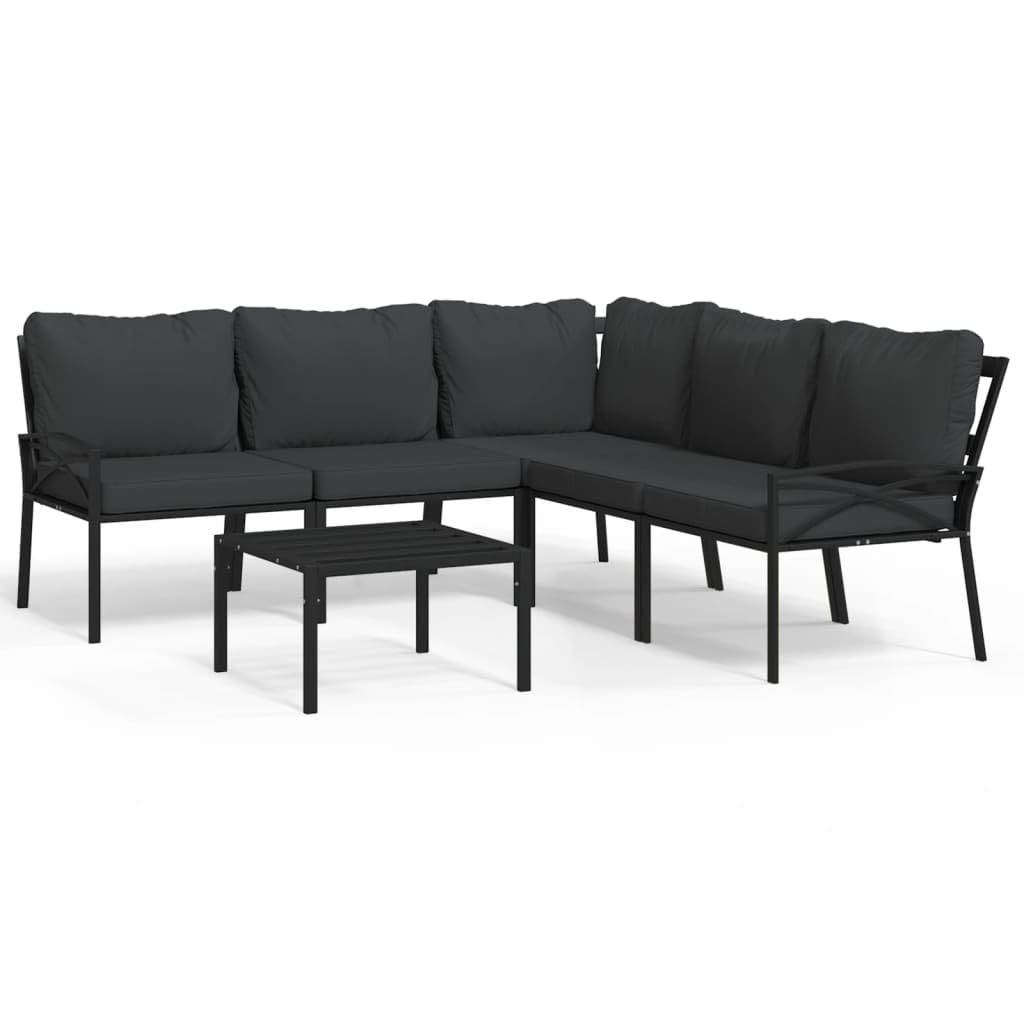 vidaXL 6-Piece Outdoor Patio Lounge Set with Coffee Table, Corner Chair, Middle Chairs, Side Chairs, Steel Structure, Powder-Coating, Removable Gray Cushions