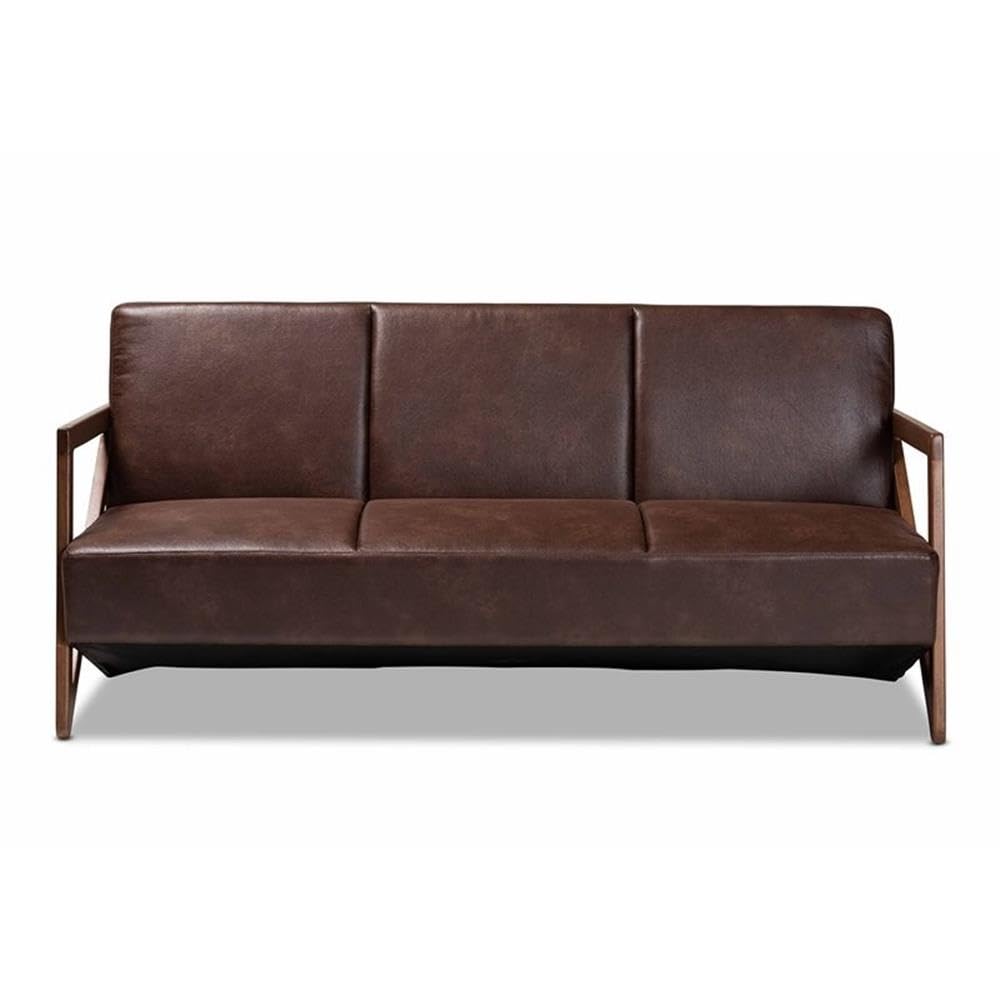 Baxton Studio Christa Mid-Century Modern Transitional Dark Brown Faux Leather Effect Fabric Upholstered and Walnut Brown Finished Wood Sofa