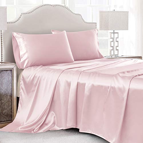 Cobedzy 4 Pcs Blush Pink Satin Sheets Queen Size Silky Satin Bedding Sheets Set With 1 Deep Pocket Fitted Sheet, 1 Flat Sheet, 2
