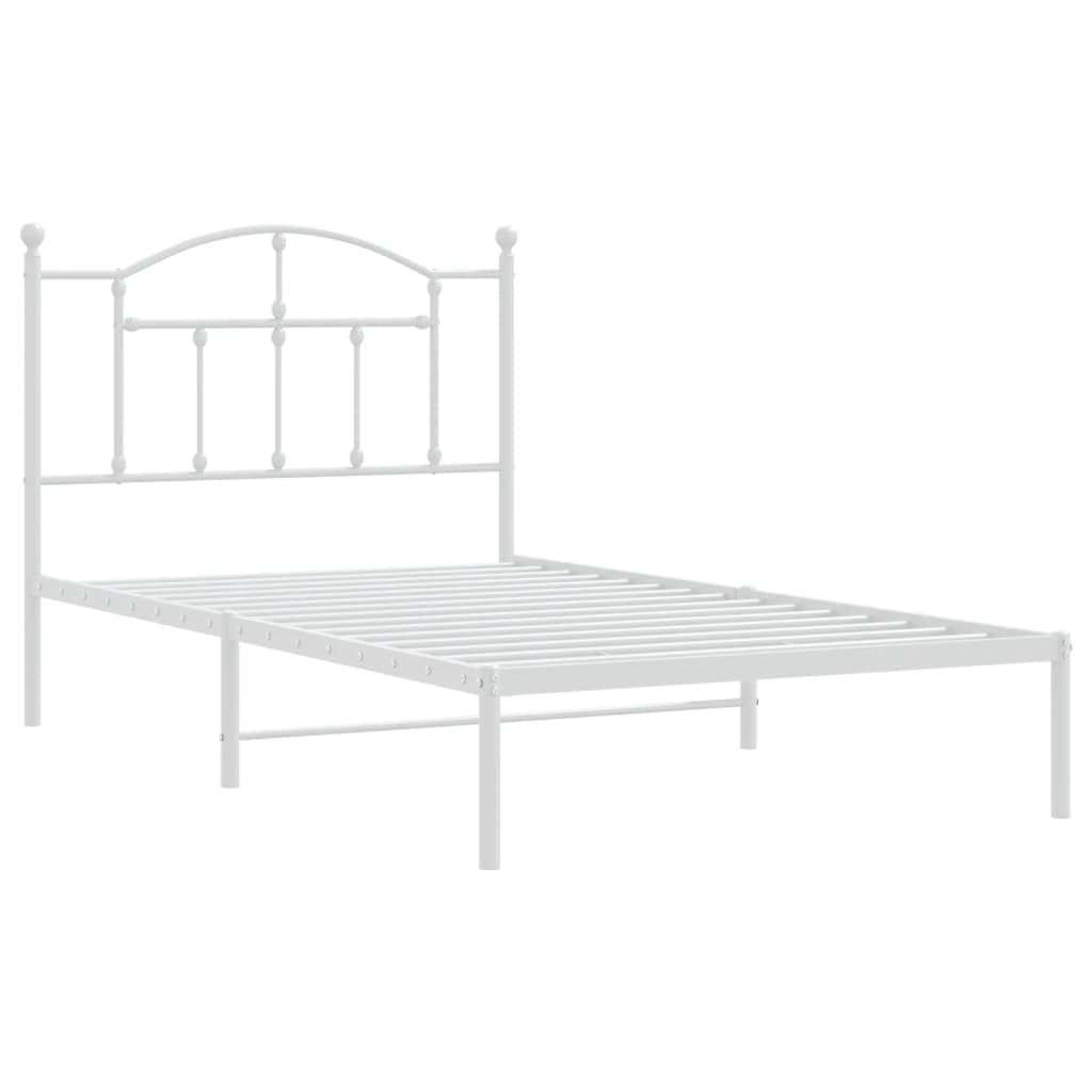 vidaXL White Metal Bed Frame with Headboard, Robust Powder-Coated Steel Construction Design for Bedroom, Extra Storage Space and Back Support- 39.4&quot;x74.8&quot;.