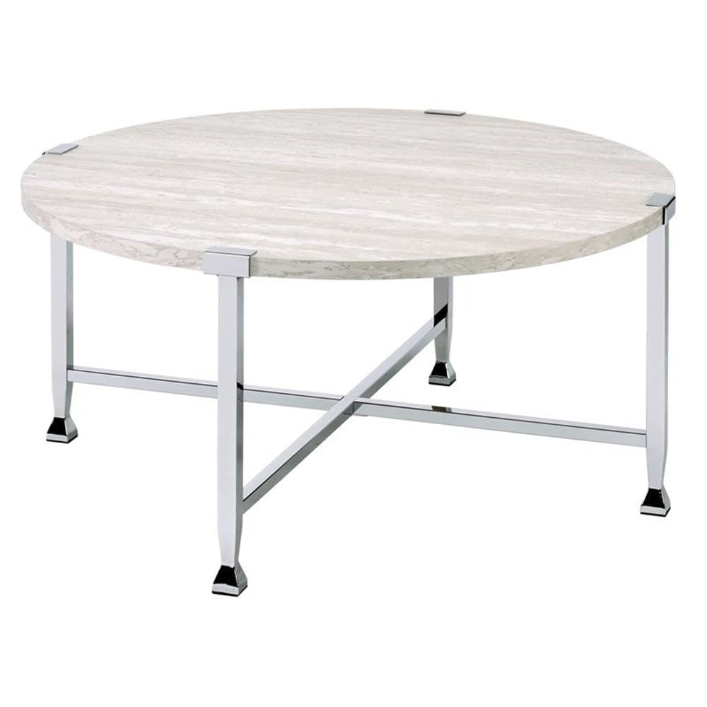 Acme Brecon Round Wooden Top Coffee Table in White Oak and Chrome