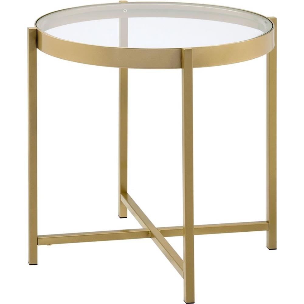 Acme Charrot Round Glass End Table with Cross Bar Base in Clear and Gold