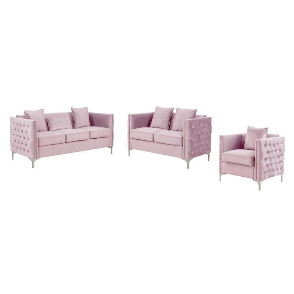 Lilola Home Bayberry Pink Velvet Sofa Loveseat Chair Living Room Set
