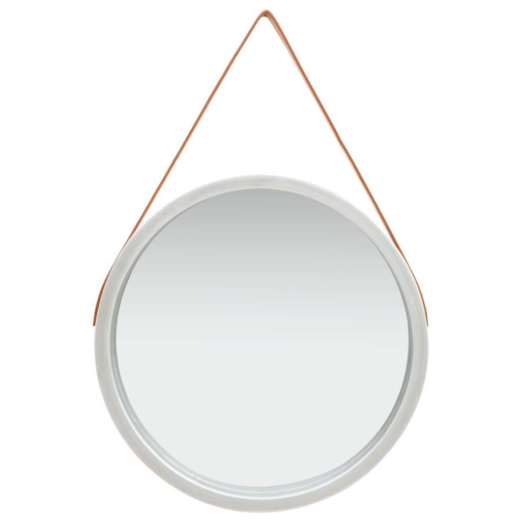 vidaXL Wall-Mounted Round Mirror with Adjustable Faux Leather Strap - Made of Paulownia Wood and Glass - Retro Design for Modern Interiors - Silver and Brown