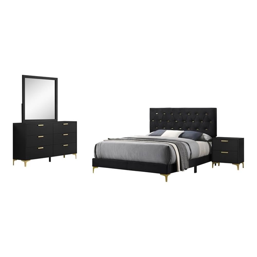 Coaster Home Furnishings Kendall 4-Piece Modern Bedroom Set Eastern King Size Upholstered Tufted Bed Frame Velvet Upholstery Nightstand Dresser And Mirror Black 224451Ke-S4