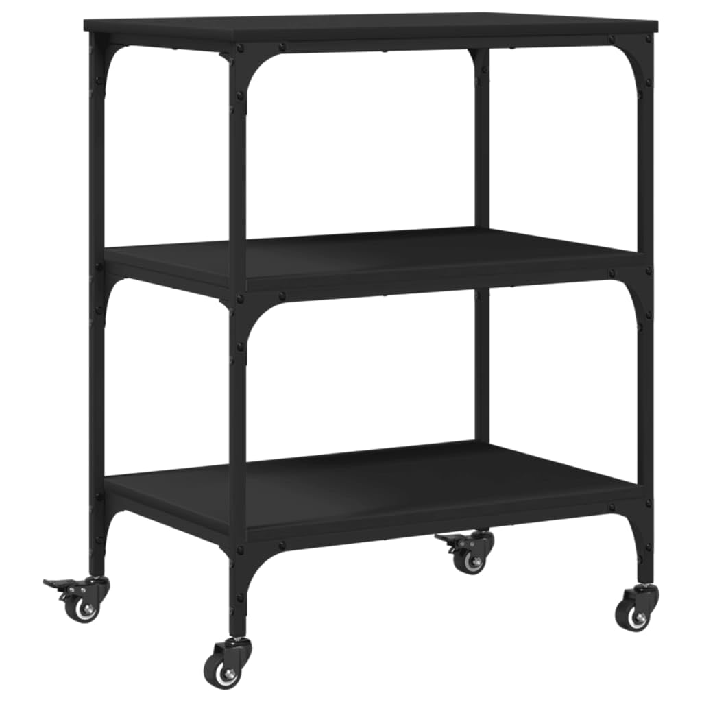 vidaXL Black Kitchen Trolley - Engineered Wood Serving Cart with Steel Frame, Lockable Wheels, and Ample Storage, 23.6&quot;x16.1&quot;x29.9&quot;