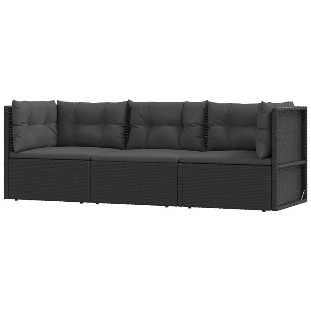 vidaXL 3 Piece Patio Lounge Set – Black Poly Rattan Furniture, includes Adjustable Corner Sofa, Middle Sofa, Seat Cushions and Back Cushions, Weather Resistant, Easy Assembly Needed.