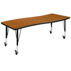 Flash Furniture Mobile 26"W x 60"L Rectangular Wave Collaborative Oak Thermal Laminate Activity Table - Height Adjustable Short Legs