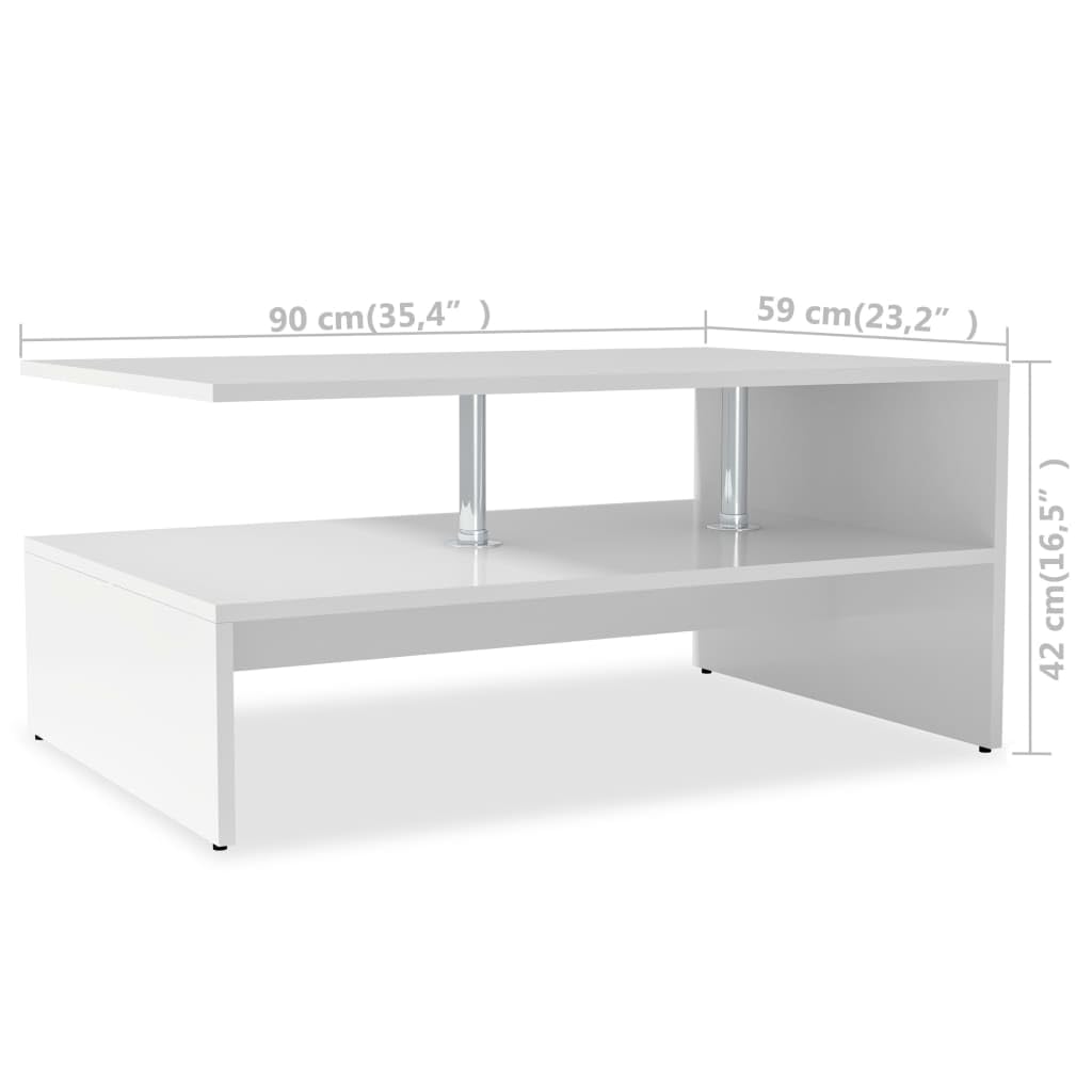 vidaXL Modern Matte White Coffee Table | Low Rectangular Design | Engineered Wood Construction | Stainless Steel Supports | Convenient Two-Shelves Storage | Easy Assembly