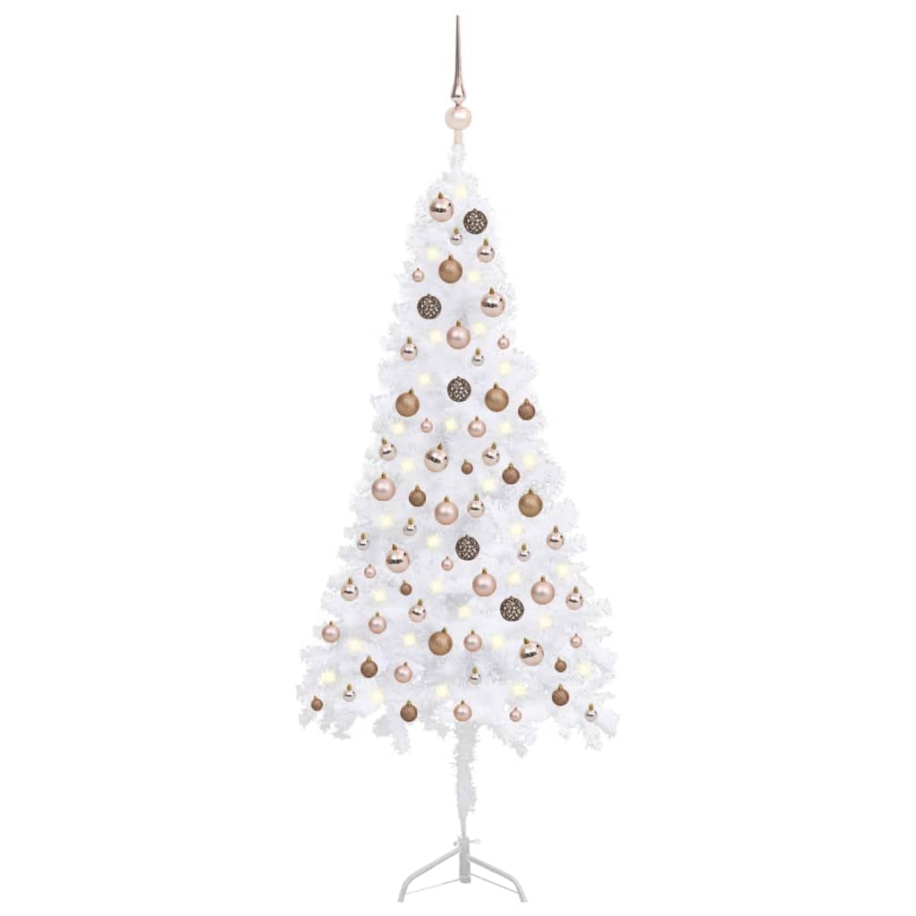 Vidaxl Corner Artificial Christmas Tree With Led Lights & Rose Gold Balls Set, White, 59.1&quot; - Space-Saving Quarter-Size Design, Made Of Durable Pvc & Steel For Repeated Use