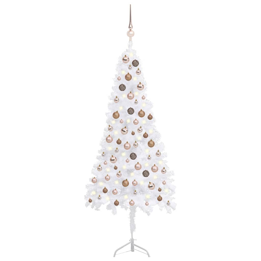 Vidaxl Corner Artificial Christmas Tree With Led Lights & Rose Gold Balls Set, White, 59.1&quot; - Space-Saving Quarter-Size Design, Made Of Durable Pvc & Steel For Repeated Use