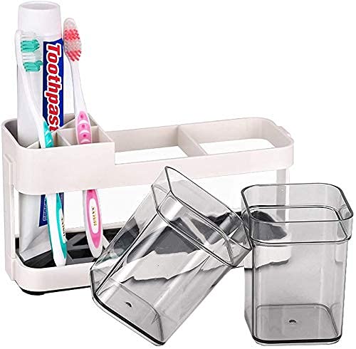 Kepzell Plastic Toothbrush and Toothpaste Holder Stand Storage Organizer with 2 Cup | Off White |