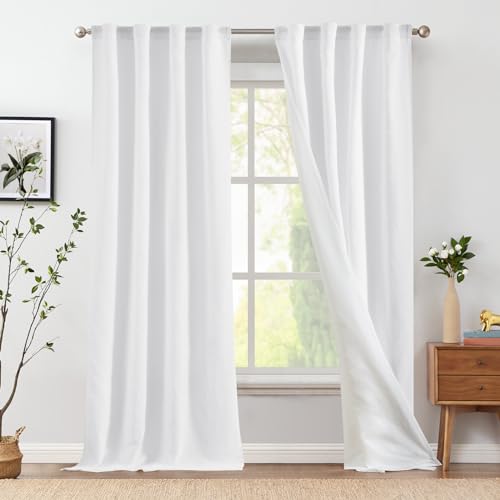 Jinchan Linen Blend White Curtains 96 Inches Long For Living Room Farmhouse Rod Pocket Back Tab Light Filtering Window Drapes With Lined For Bedroom White 2 Panels