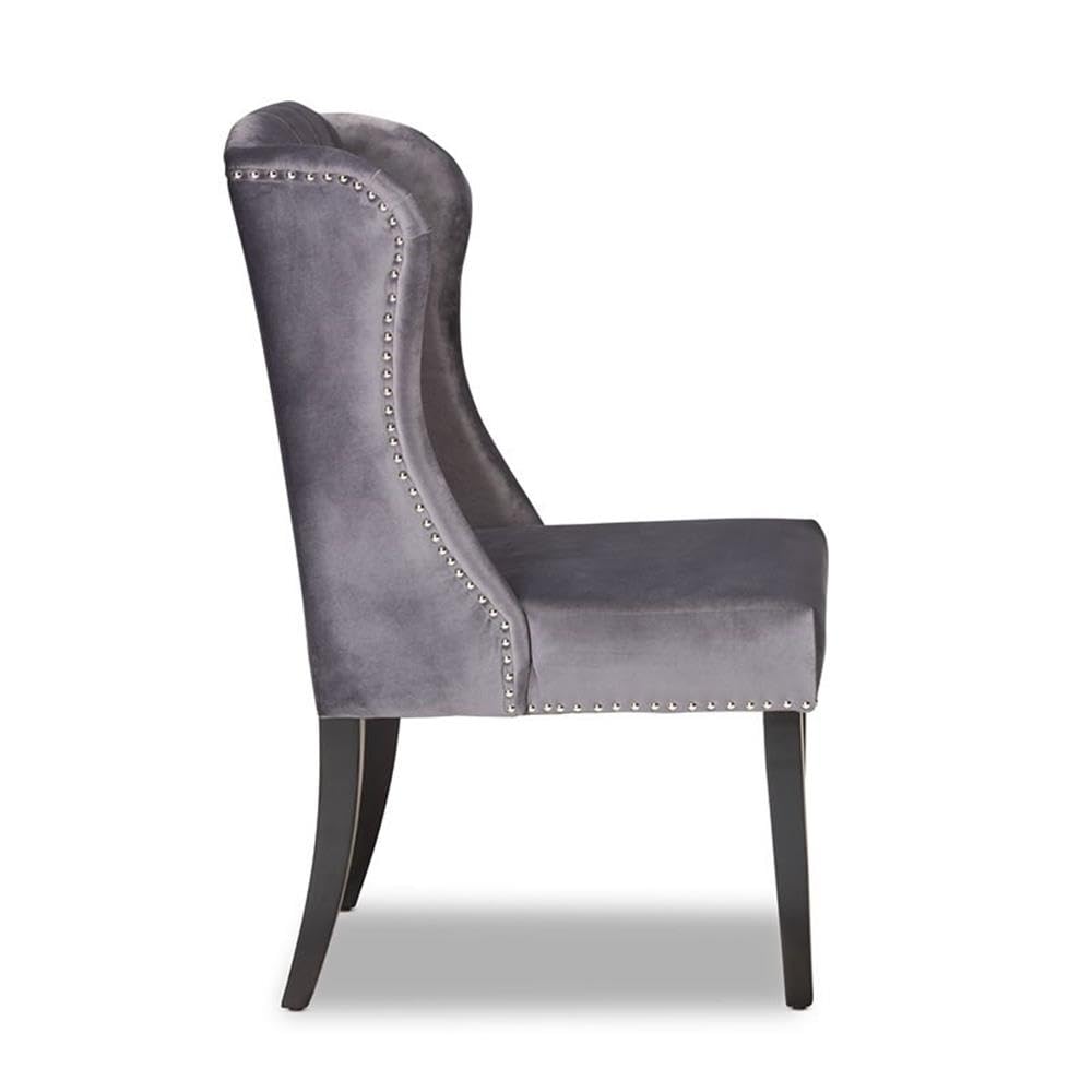 Baxton Studio Lamont Modern Contemporary Transitional Grey Velvet Fabric Upholstered and Dark Brown Finished Wood Wingback Dining Chair