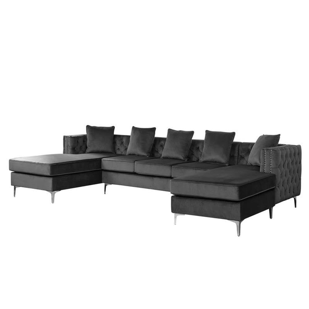 Lilola Home Ryan Dark Gray Velvet Double Chaise Sectional Sofa with Nail-Head Trim