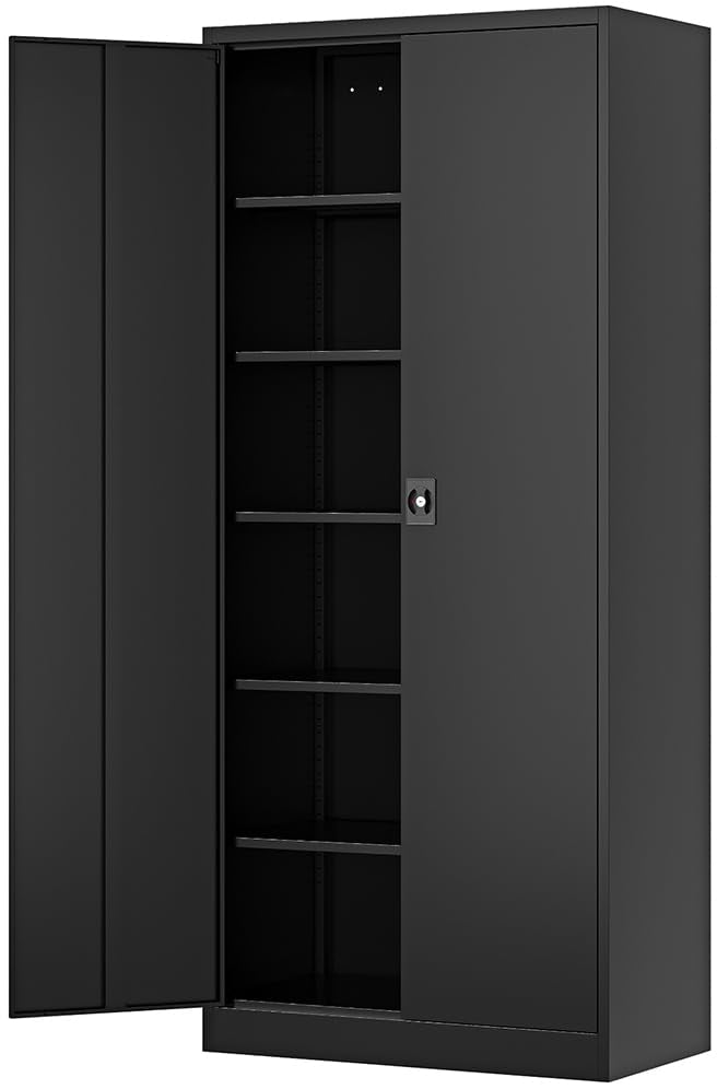 Fesbos Metal Storage Cabinet-71” Tall Steel File Cabinets With Lockable Doors And Adjustable Shelves-Black Steel Storage Cabinet For Home,Kitchen, School, Office, Garage