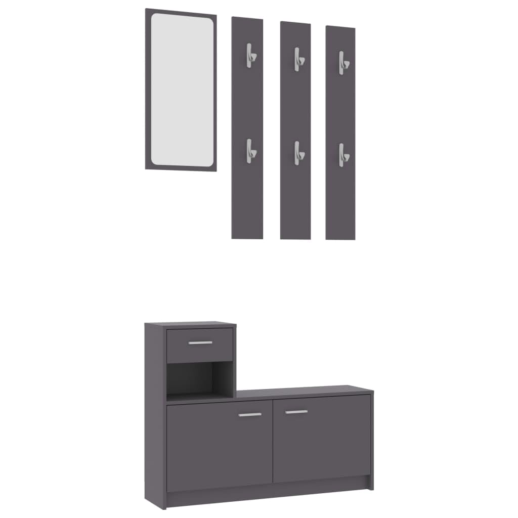 vidaXL Compact Hallway Unit - Stylish Engineered Wood Design with Cabinet, Drawers, Mirror and Wall Hangers - Gray - Dimensions 39.4&quot;x9.8&quot;x30.1&quot;
