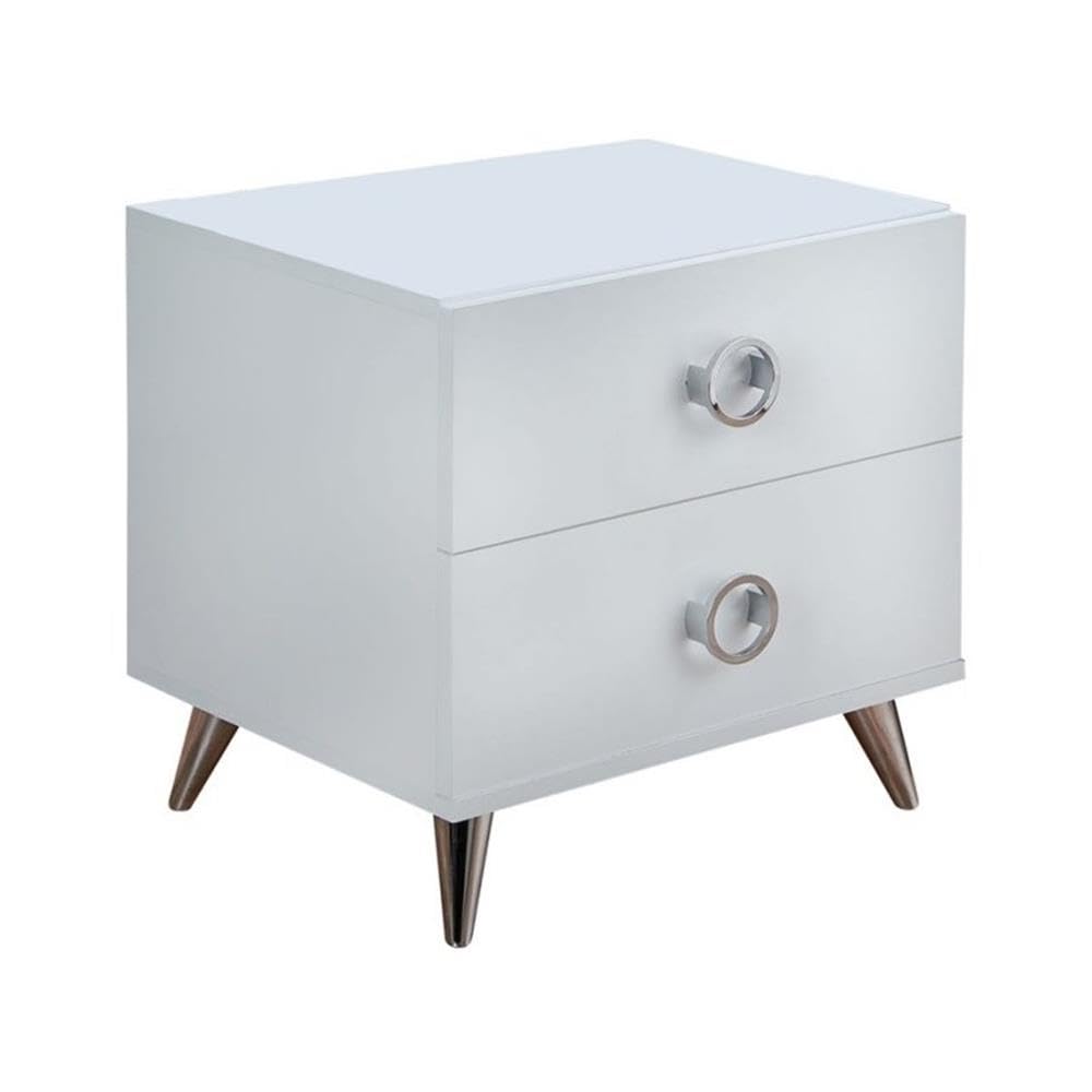Acme Elms Wooden Rectangular 2-Drawer Nightstand With Ring Pull Handles In White