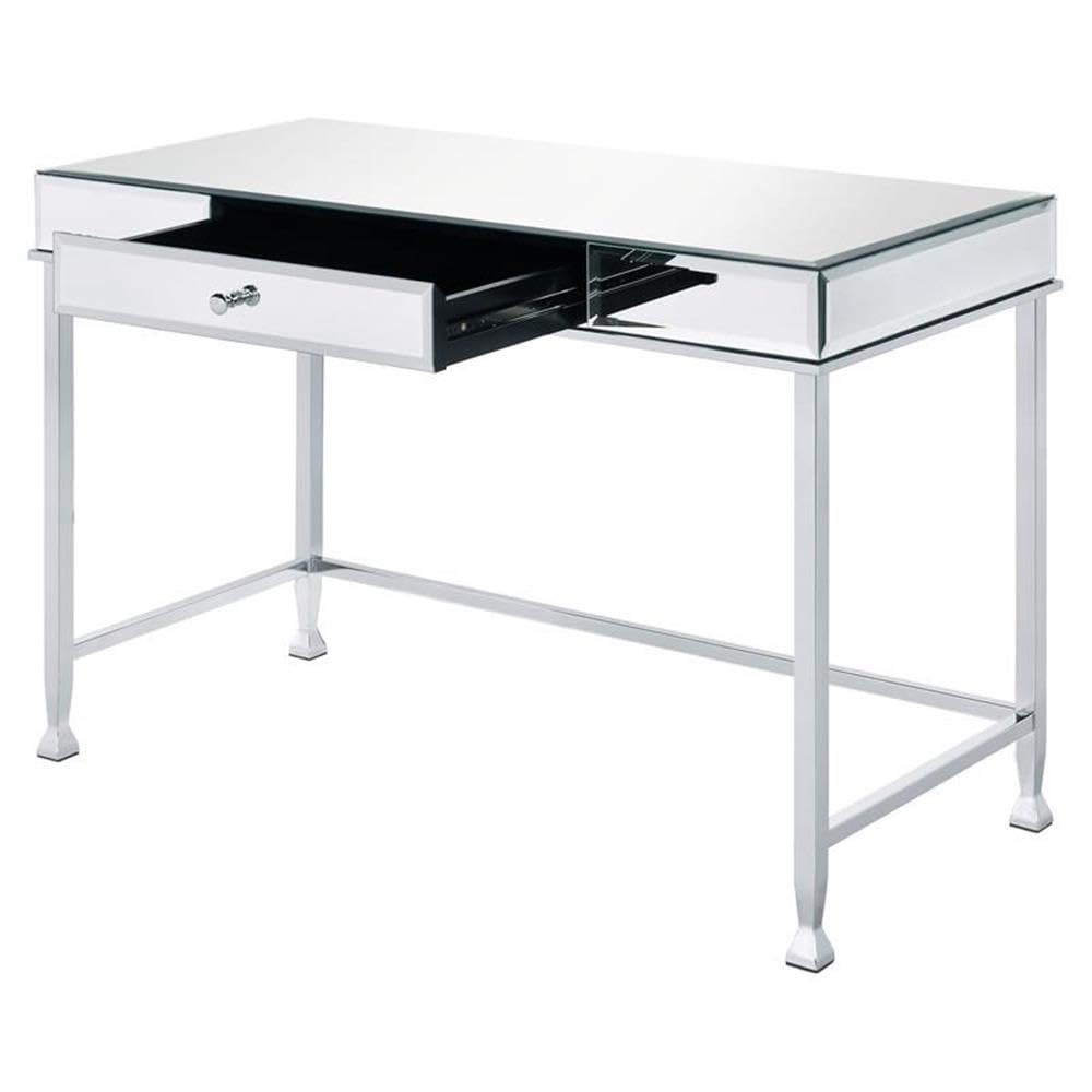 Acme Canine Rectangular Wood Top Writing Desk in Mirrored and Chrome