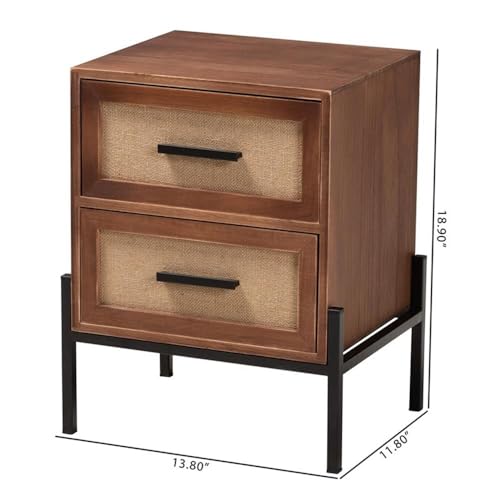 Baxton Studio Paxley Mid-Century Modern Industrial Walnut Brown Finished Wood and Beige Fabric 2-Drawer End Table