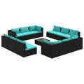vidaXL 13 Piece Patio Lounge Set - Black Poly Rattan Outdoor Furniture - Water-Resistant and Lightweight - Fabric Cushions in Water Blue - Modular Design for Flexible Arrangement