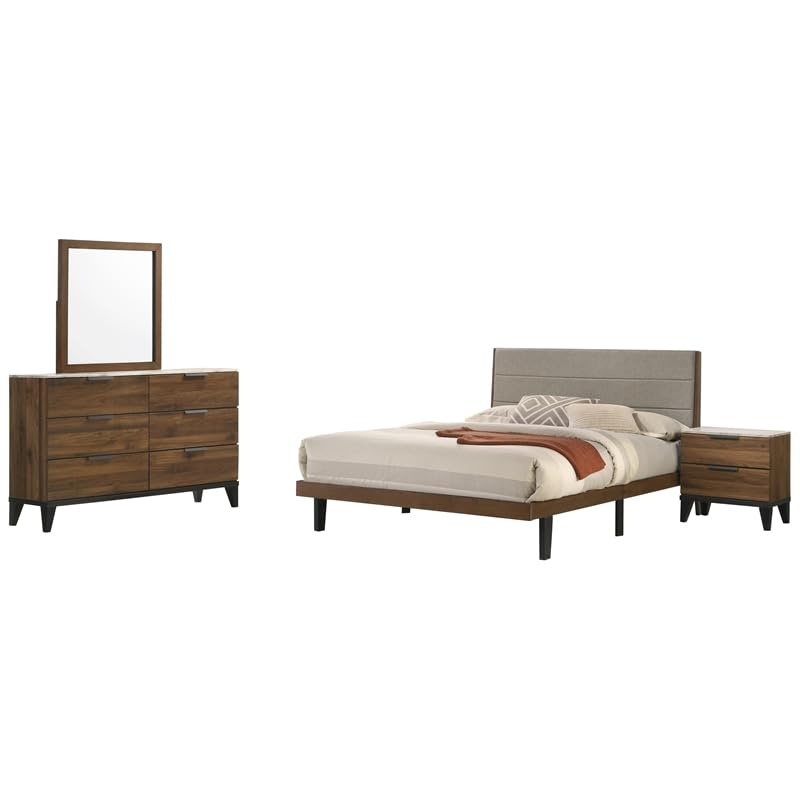 Coaster Home Furnishings Mays Contemporary 4-Piece Bedroom Set Fabric Upholstered Eastern King Size Panel Bed Frame 43-Inch Headboard Walnut 215961Ke-S4