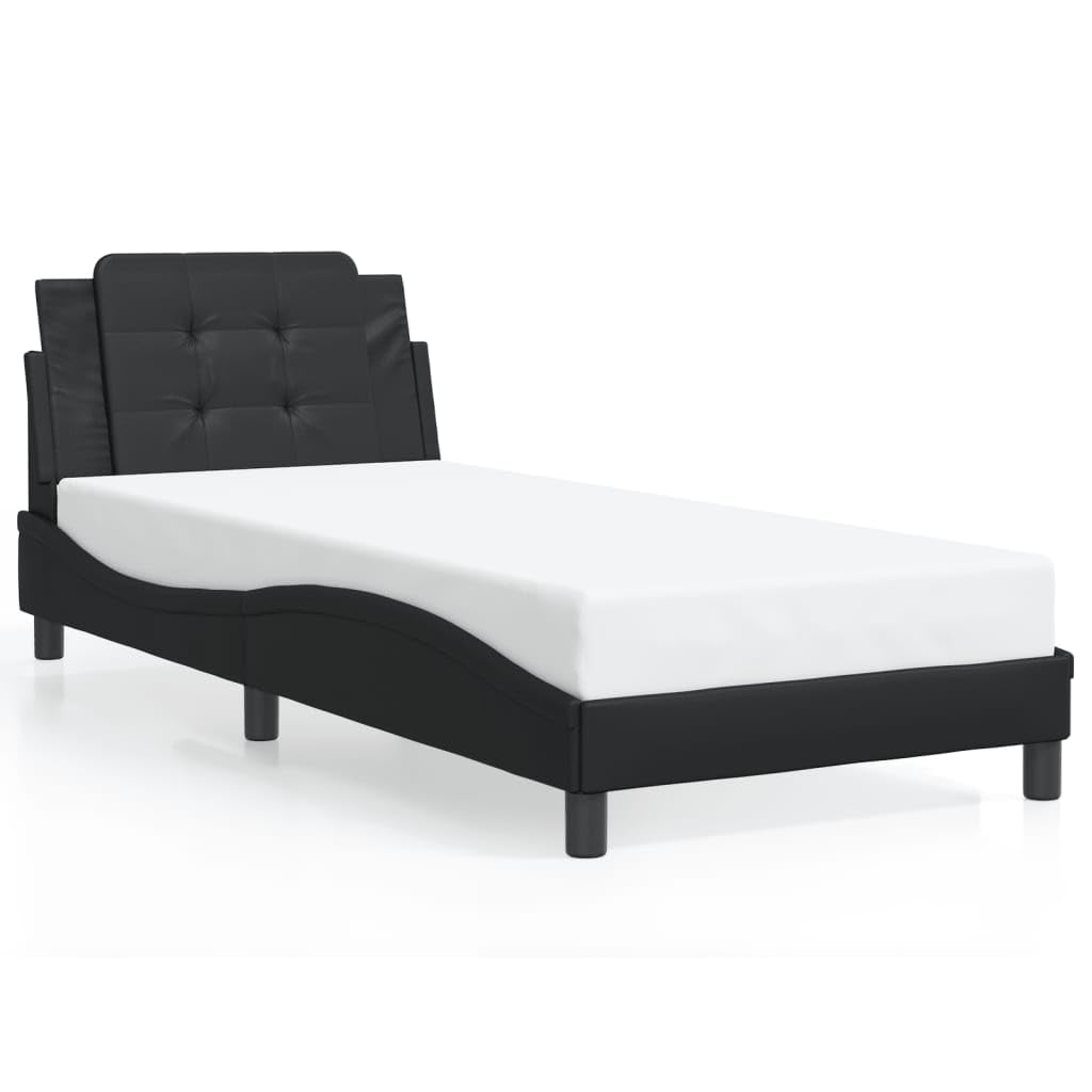 vidaXL Twin Bed Frame with Headboard - Black Faux Leather, Foam-Filled Cushion, Plywood Slats, Modern Waved Design, 81.9 x 41.3 x 29.3 Inches