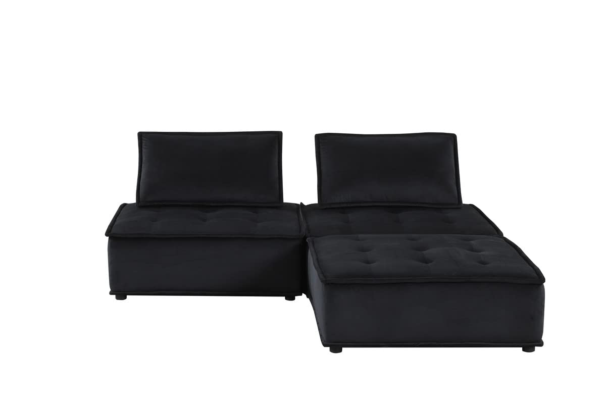 Lilola Home Anna Black Velvet 3 Pc Sectional Sofa Ottoman