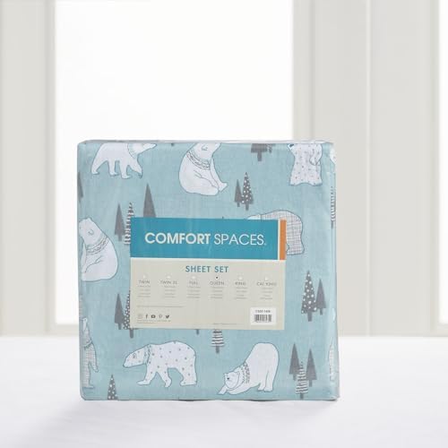 Comfort Spaces Novalty Cotton Flannel Breathable Warm Deep Pocket Sheets With Pillow Case Bedding, Full, Blue Polar Bears 4 Piec