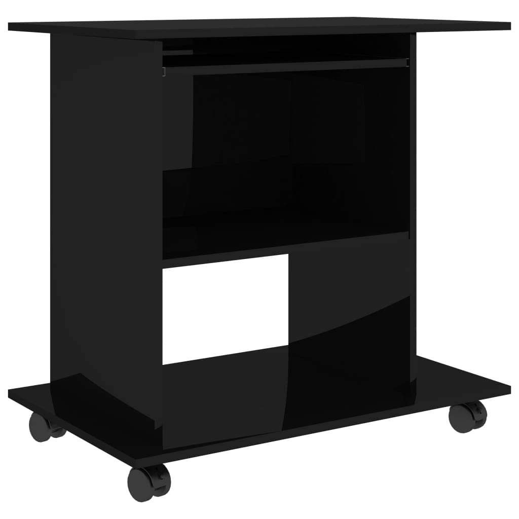 vidaXL Black High Gloss Computer Desk, Space-Saving Design and Robust Engineered Wood Construction, with Keyboard Tray and Shelves