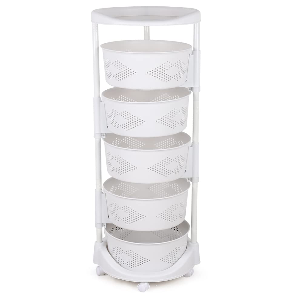 Fturepac 5 Tier Kitchen Cart With Storage Rotating Basket, Multi-Layer Rotating Vegetable Organizer With Lockable Casters, Fruit