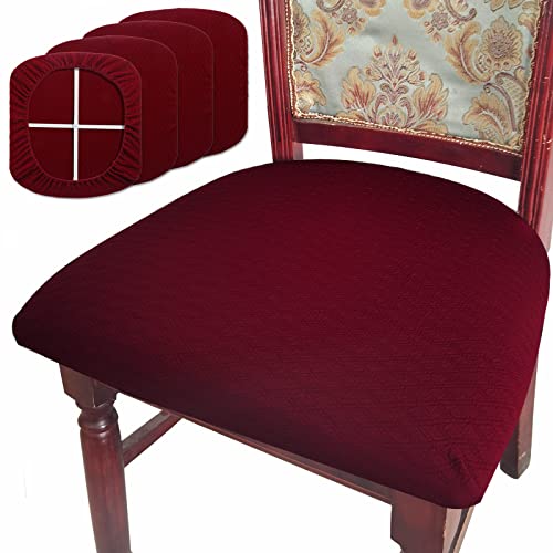 Buyue Dining Room Chair Seat Covers Set Of 4, Luxury Jacquard Fabric Stretch Washable Slipcover For Kitchen Seat Cushions, Burgu