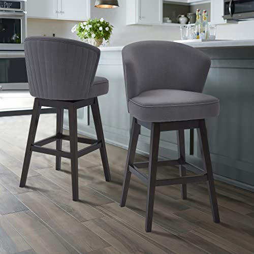 HomeRoots Gray Wood, Foam, Fabric, Metal Turnplate/Kickplate 30' Grey Espresso Wood Fabric Swivel Bar Stool